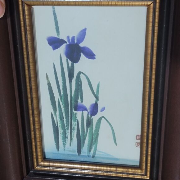 Irises Late Meiji Era Framed Postcard Hand painted On Silk Adhered To Cardstock - Picture 3 of 15